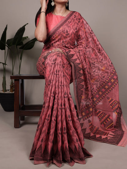 Coral Pink Soft Poly Cotton Printed Saree with Thread Weaving