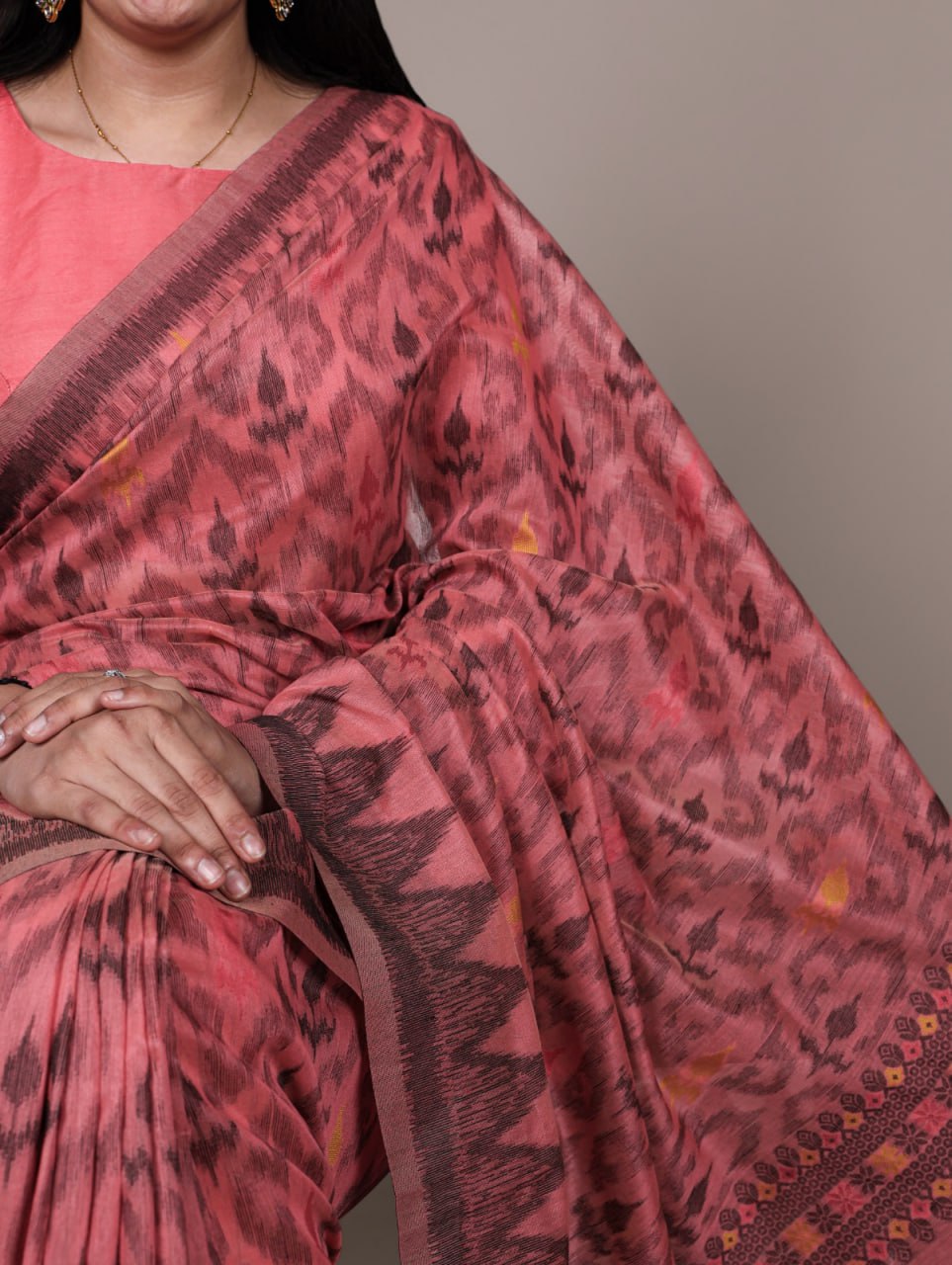 Coral Pink Soft Poly Cotton Printed Saree with Thread Weaving
