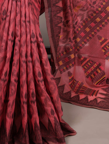 Coral Pink Soft Poly Cotton Printed Saree with Thread Weaving