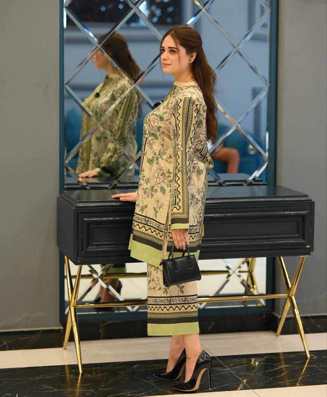 Cream and Green Designer Natural Crepe Plazzo and Top For Party Wear