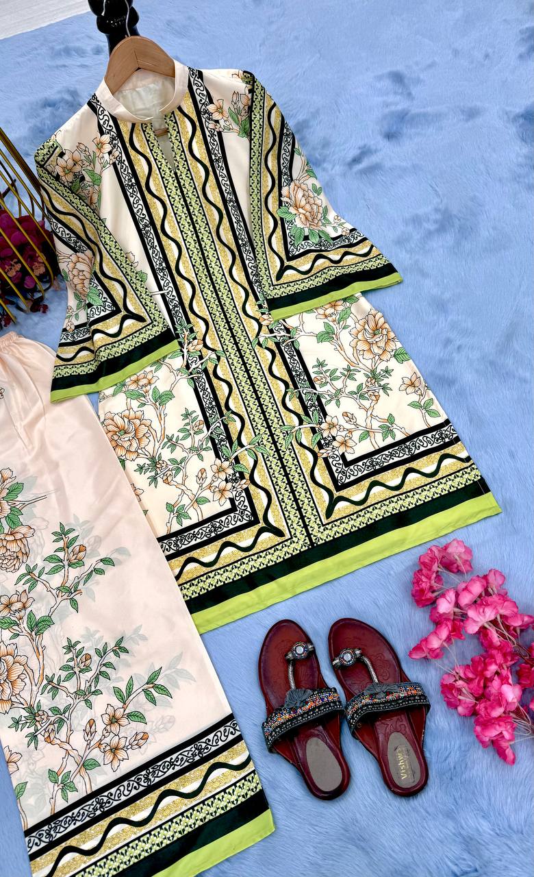 Cream and Green Designer Natural Crepe Plazzo and Top For Party Wear