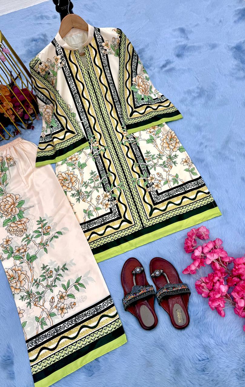 Cream and Green Designer Natural Crepe Plazzo and Top For Party Wear