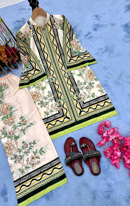 Cream and Green Designer Natural Crepe Plazzo and Top For Party Wear