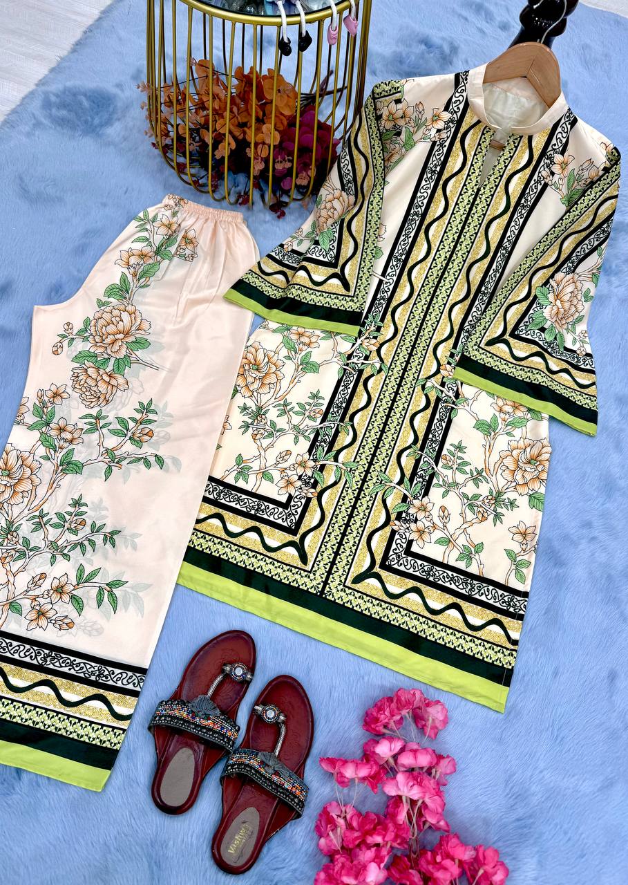 Cream and Green Designer Natural Crepe Plazzo and Top For Party Wear