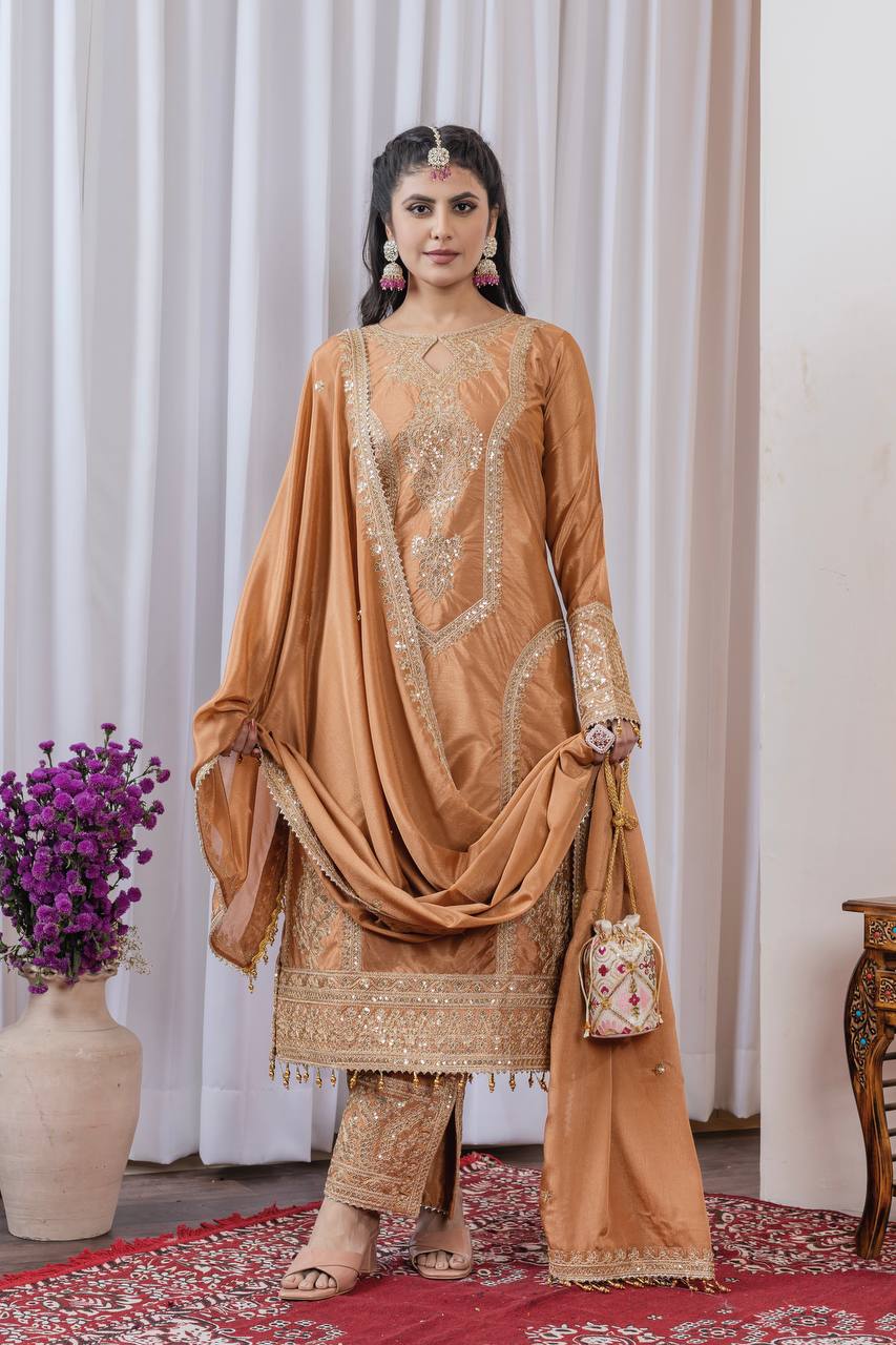 Cream Designer Chinon Silk Plazzo Top and Dupatta For Party Wear