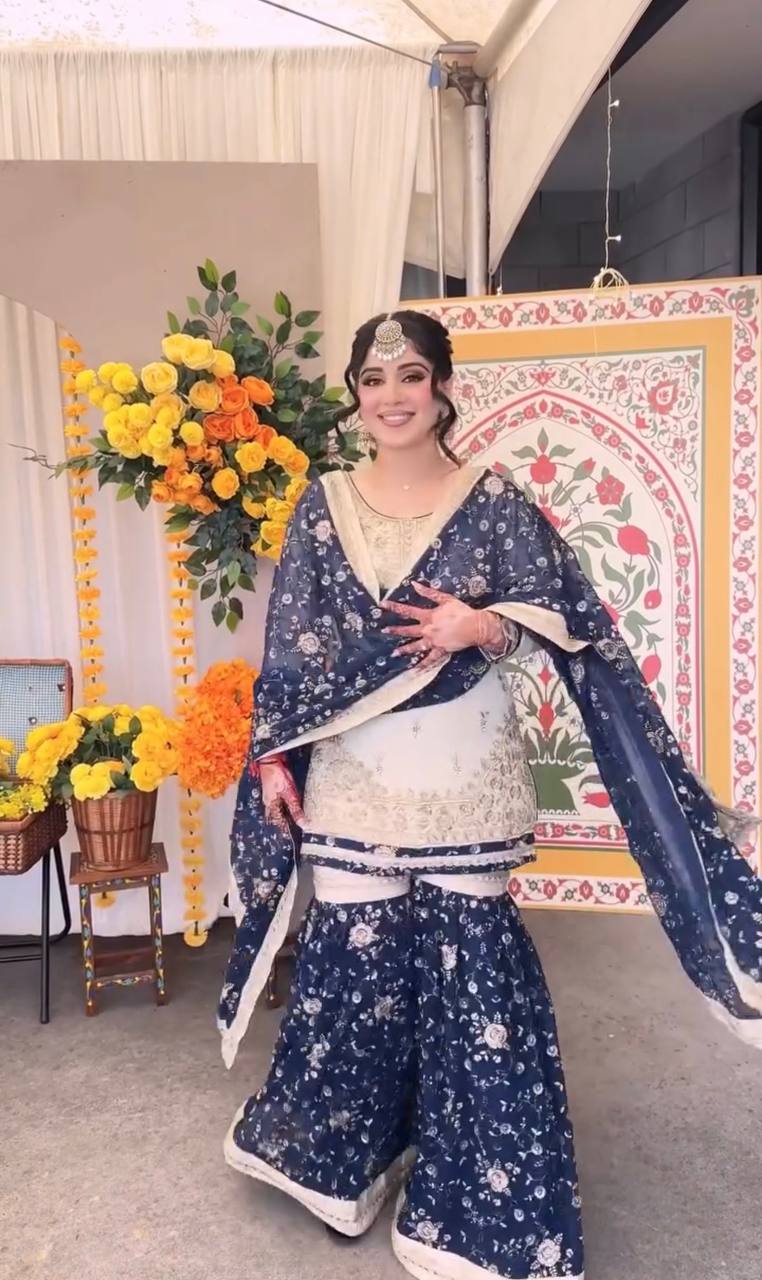 Cream Designer Heavy Faux Georgette Embroidered Plazzo Top And Dupatta