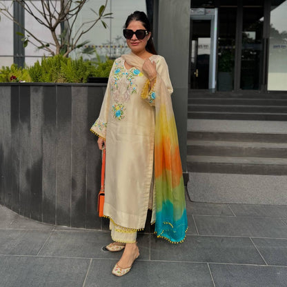Cream Designer Moss Satin Embroidered Top Pant Organza Dupatta Set