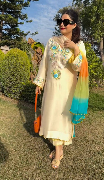 Cream Designer Moss Satin Embroidered Top Pant Organza Dupatta Set