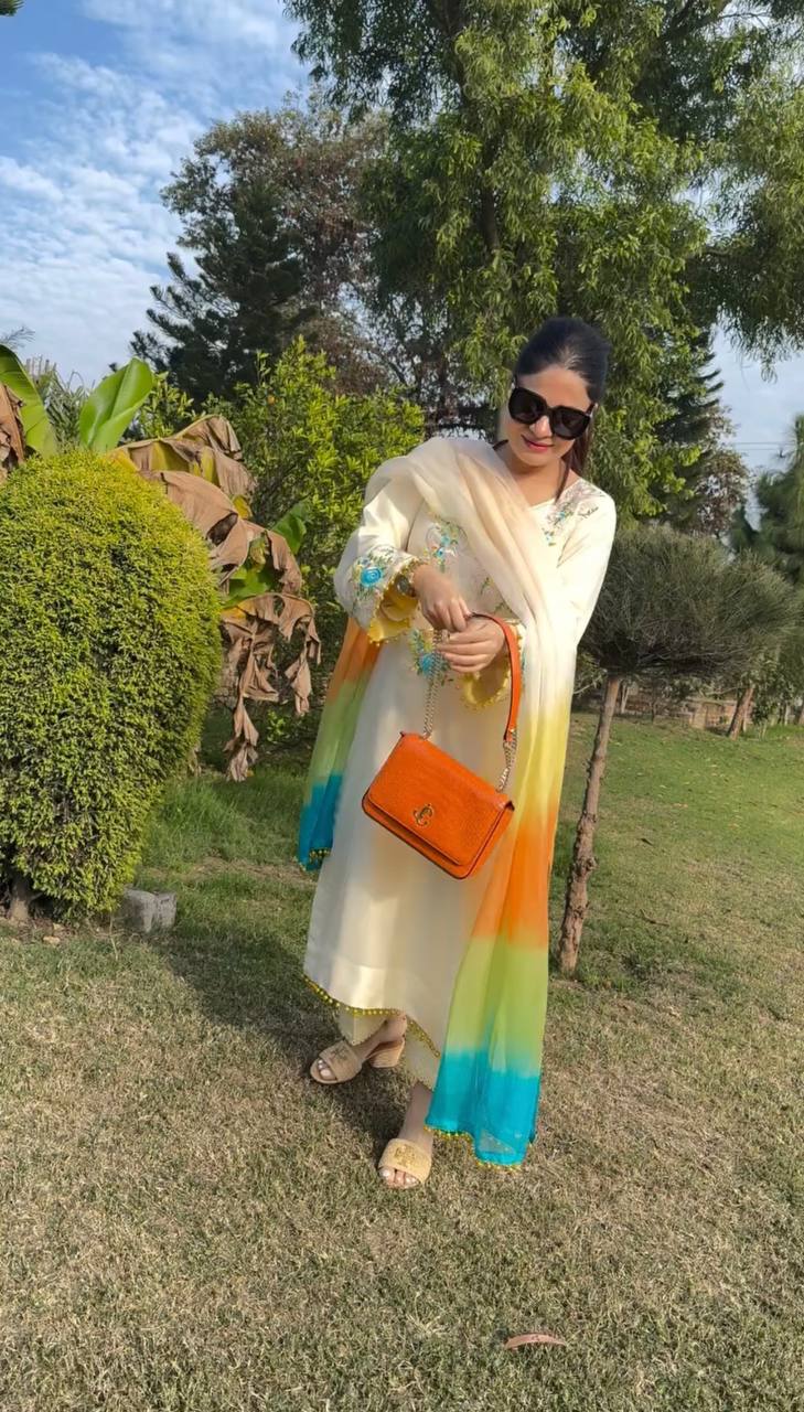 Cream Designer Moss Satin Embroidered Top Pant Organza Dupatta Set