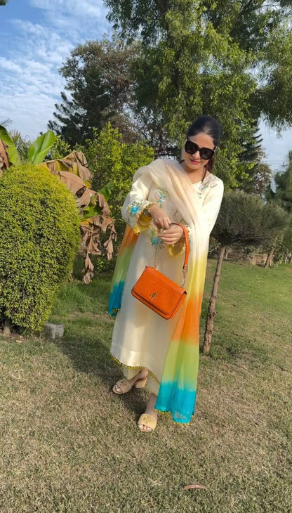 Cream Designer Moss Satin Embroidered Top Pant Organza Dupatta Set