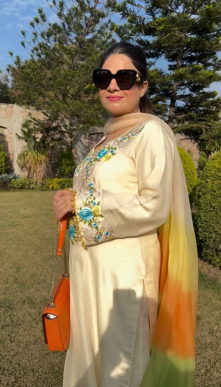 Cream Designer Moss Satin Embroidered Top Pant Organza Dupatta Set