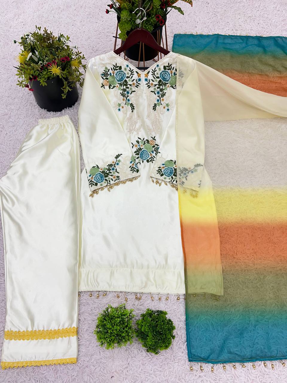 Cream Designer Moss Satin Embroidered Top Pant Organza Dupatta Set