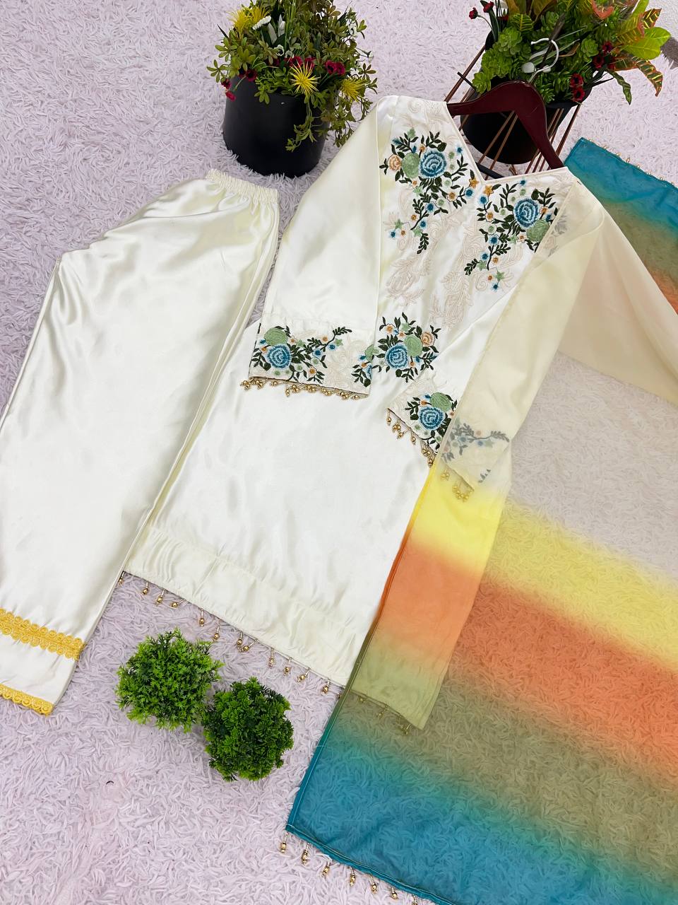 Cream Designer Moss Satin Embroidered Top Pant Organza Dupatta Set