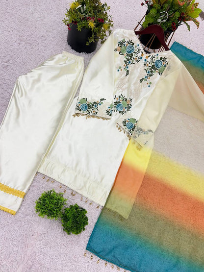Cream Designer Moss Satin Embroidered Top Pant Organza Dupatta Set
