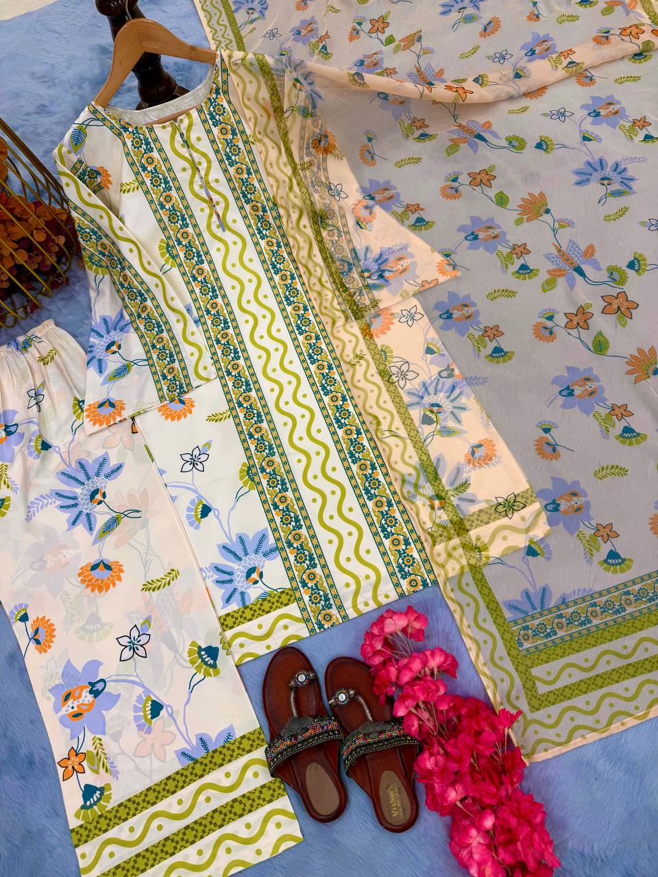 Cream Designer Natural Crepe Print Plazzo and Top Chiffon Dupatta