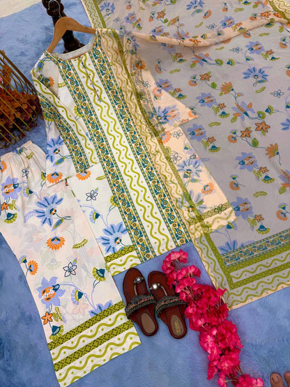 Cream Designer Natural Crepe Print Plazzo and Top Chiffon Dupatta