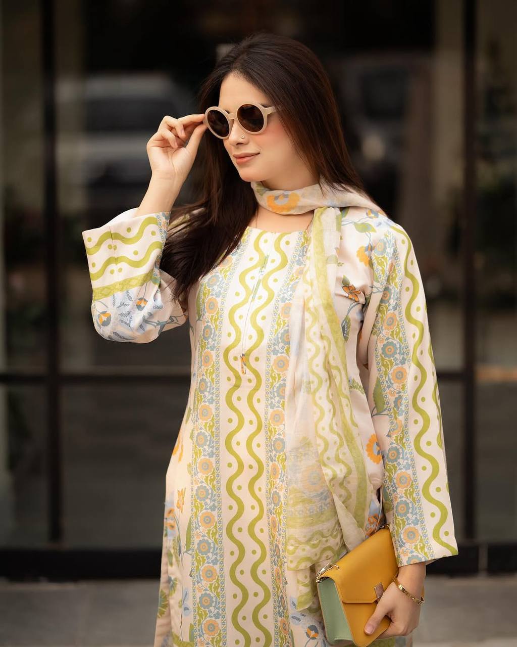 Cream Designer Natural Crepe Print Plazzo and Top Chiffon Dupatta