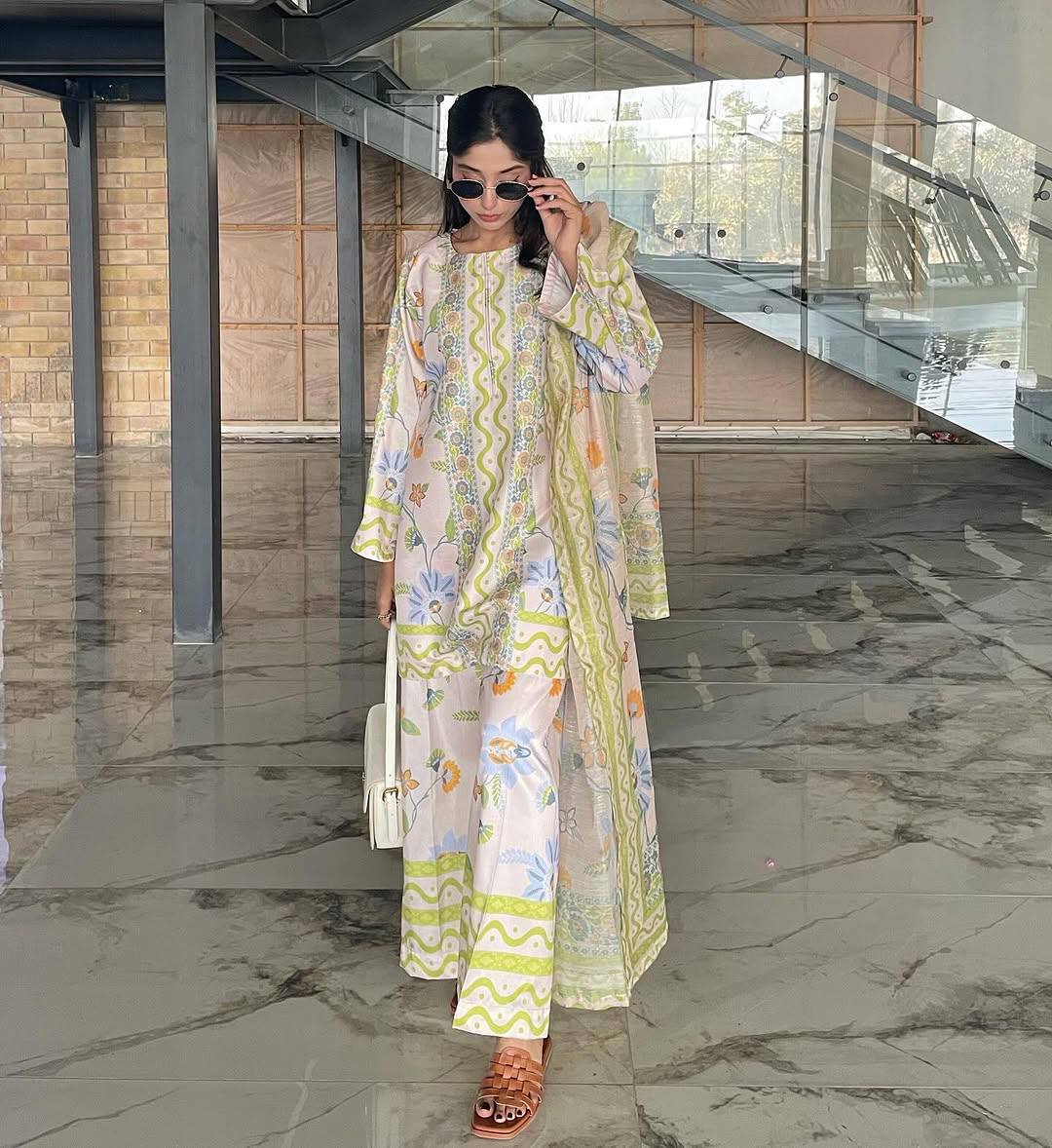 Cream Designer Natural Crepe Print Plazzo and Top Chiffon Dupatta