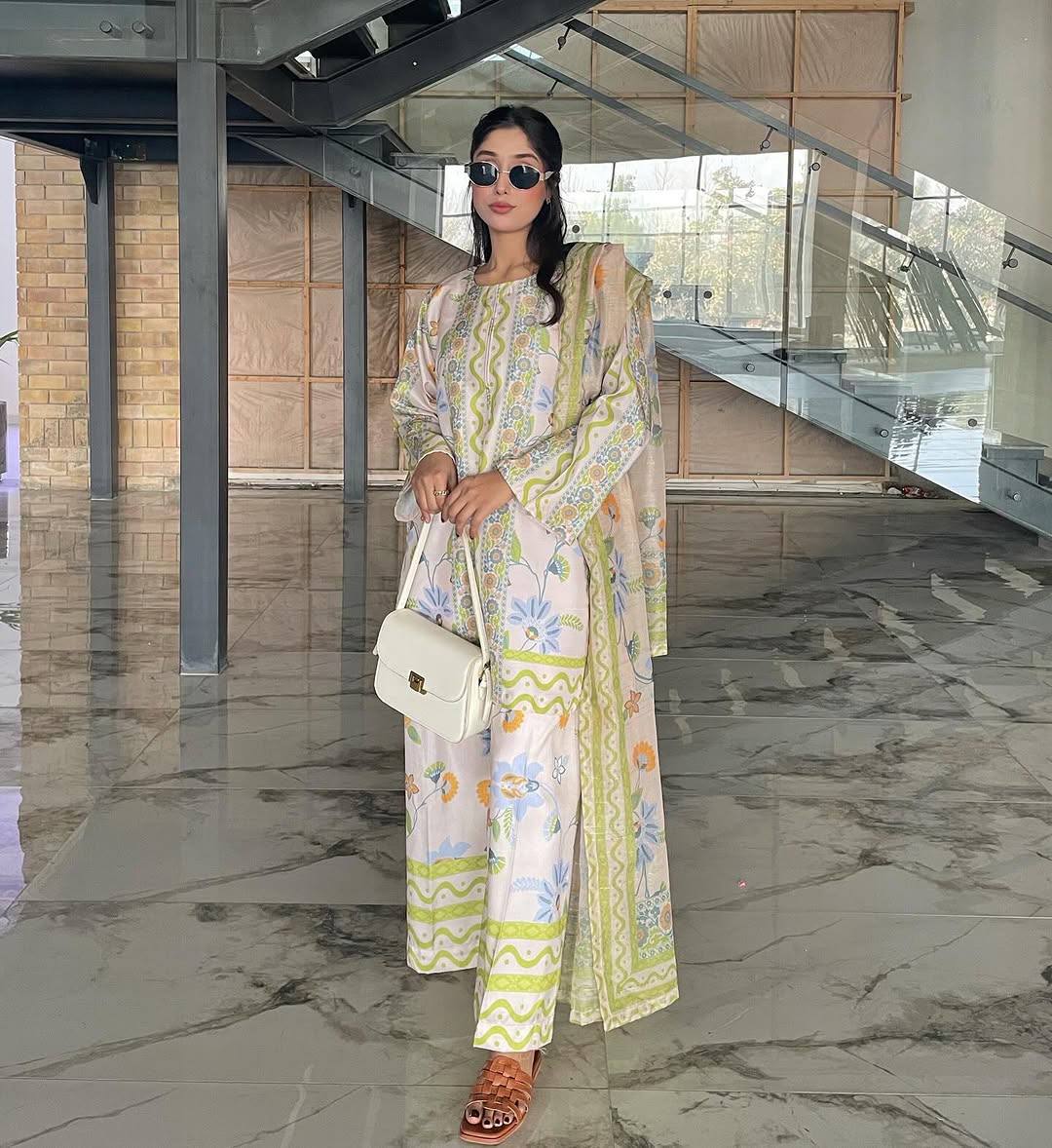 Cream Designer Natural Crepe Print Plazzo and Top Chiffon Dupatta