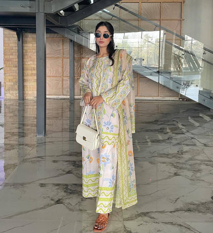 Cream Designer Natural Crepe Print Plazzo and Top Chiffon Dupatta