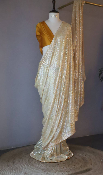 Cream Georgette Digital Print Saree with Full Sequins Contrast Border