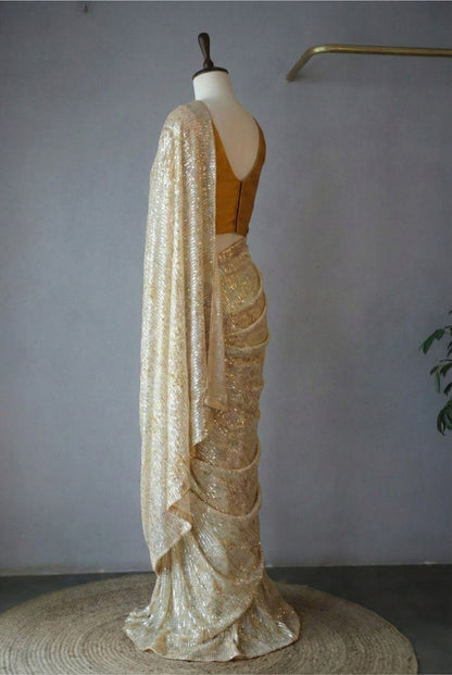 Cream Georgette Digital Print Saree with Full Sequins Contrast Border