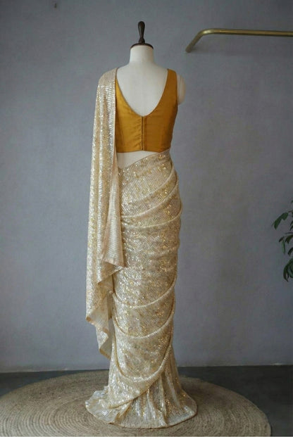 Cream Georgette Digital Print Saree with Full Sequins Contrast Border