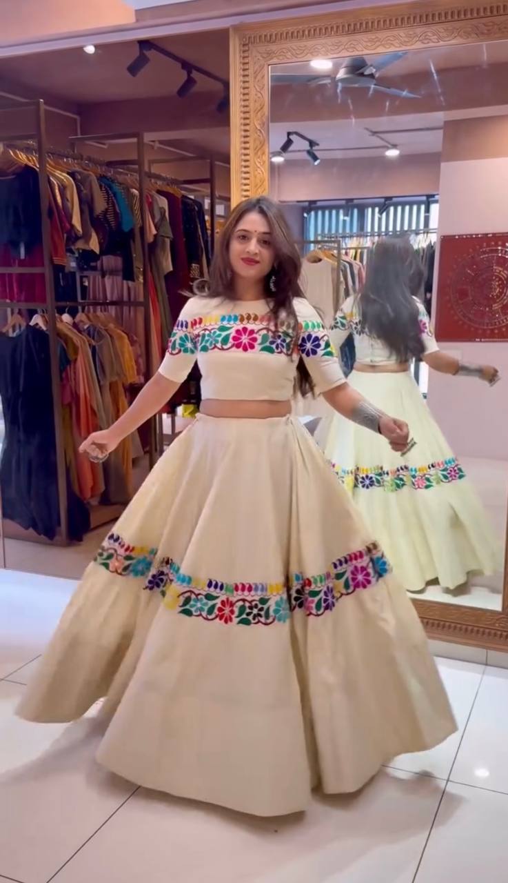 Cream Kora Cotton Mirror Work Lehenga with Gamthi Embroidery Blouse