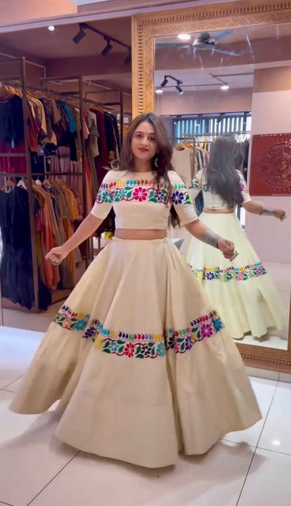 Cream Kora Cotton Mirror Work Lehenga with Gamthi Embroidery Blouse