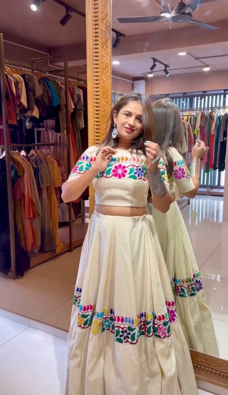 Cream Kora Cotton Mirror Work Lehenga with Gamthi Embroidery Blouse