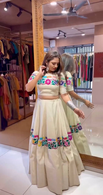 Cream Kora Cotton Mirror Work Lehenga with Gamthi Embroidery Blouse