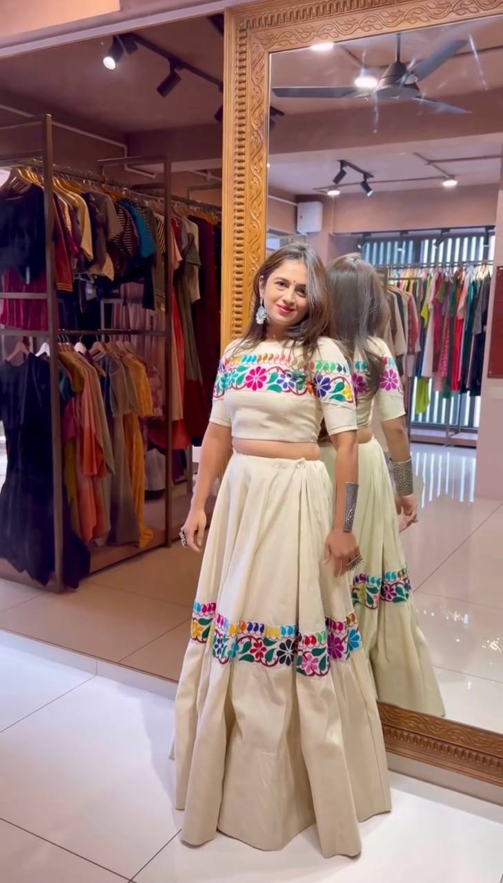 Cream Kora Cotton Mirror Work Lehenga with Gamthi Embroidery Blouse