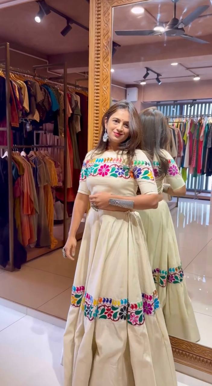 Cream Kora Cotton Mirror Work Lehenga with Gamthi Embroidery Blouse