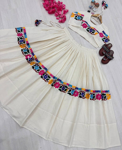 Cream Kora Cotton Mirror Work Lehenga with Gamthi Embroidery Blouse