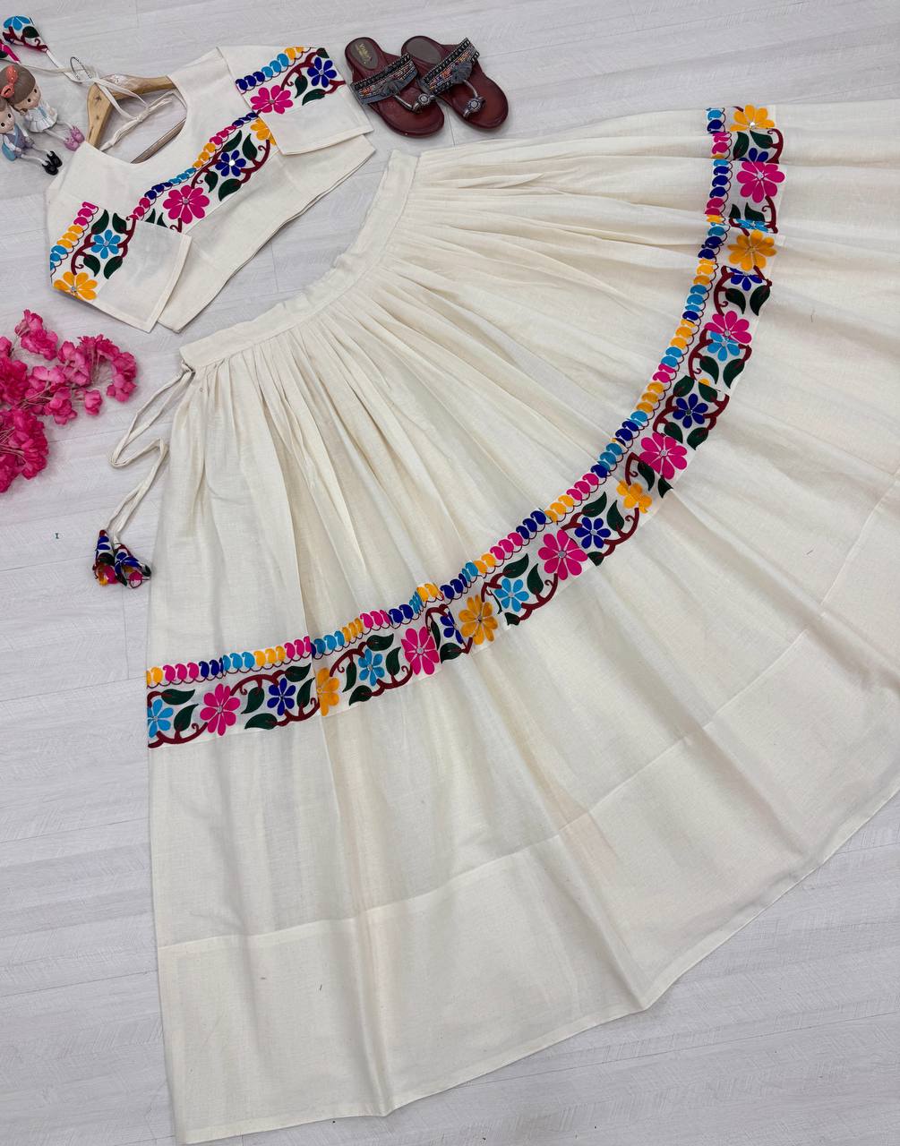 Cream Kora Cotton Mirror Work Lehenga with Gamthi Embroidery Blouse