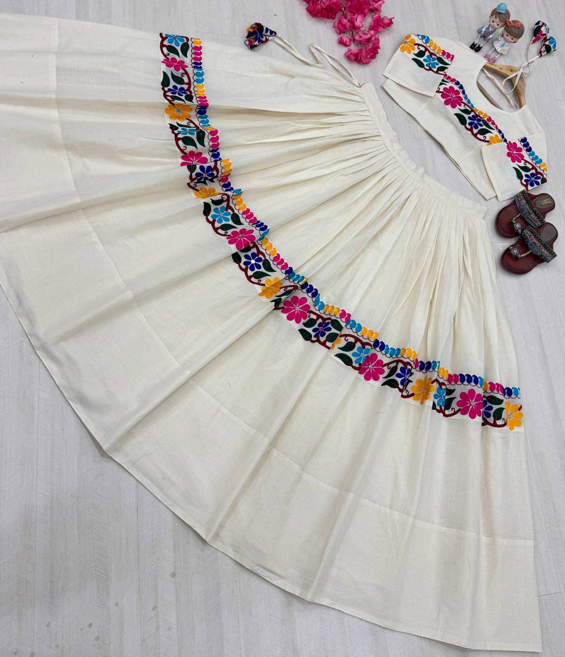 Cream Kora Cotton Mirror Work Lehenga with Gamthi Embroidery Blouse
