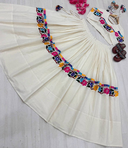 Cream Kora Cotton Mirror Work Lehenga with Gamthi Embroidery Blouse