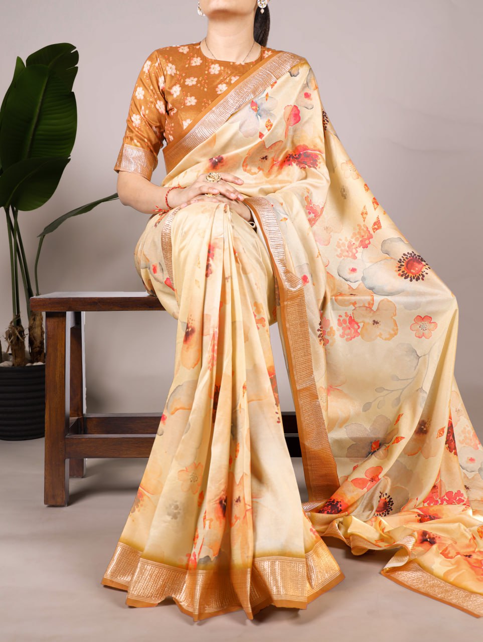 Cream Lightweight Floral Printed Tussar Silk Saree with Viscose Border