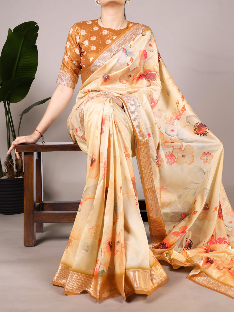 Cream Lightweight Floral Printed Tussar Silk Saree with Viscose Border