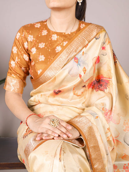 Cream Lightweight Floral Printed Tussar Silk Saree with Viscose Border