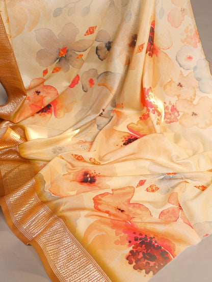 Cream Lightweight Floral Printed Tussar Silk Saree with Viscose Border