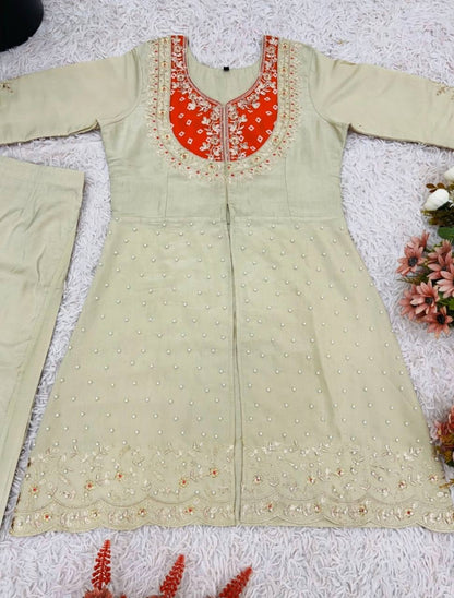 Cream Premium Roman Shimmer Silk Embroidery Suit Orange Yoke
