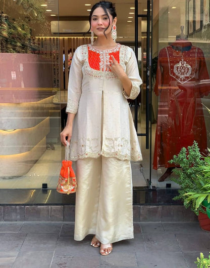 Cream Premium Roman Shimmer Silk Embroidery Suit Orange Yoke