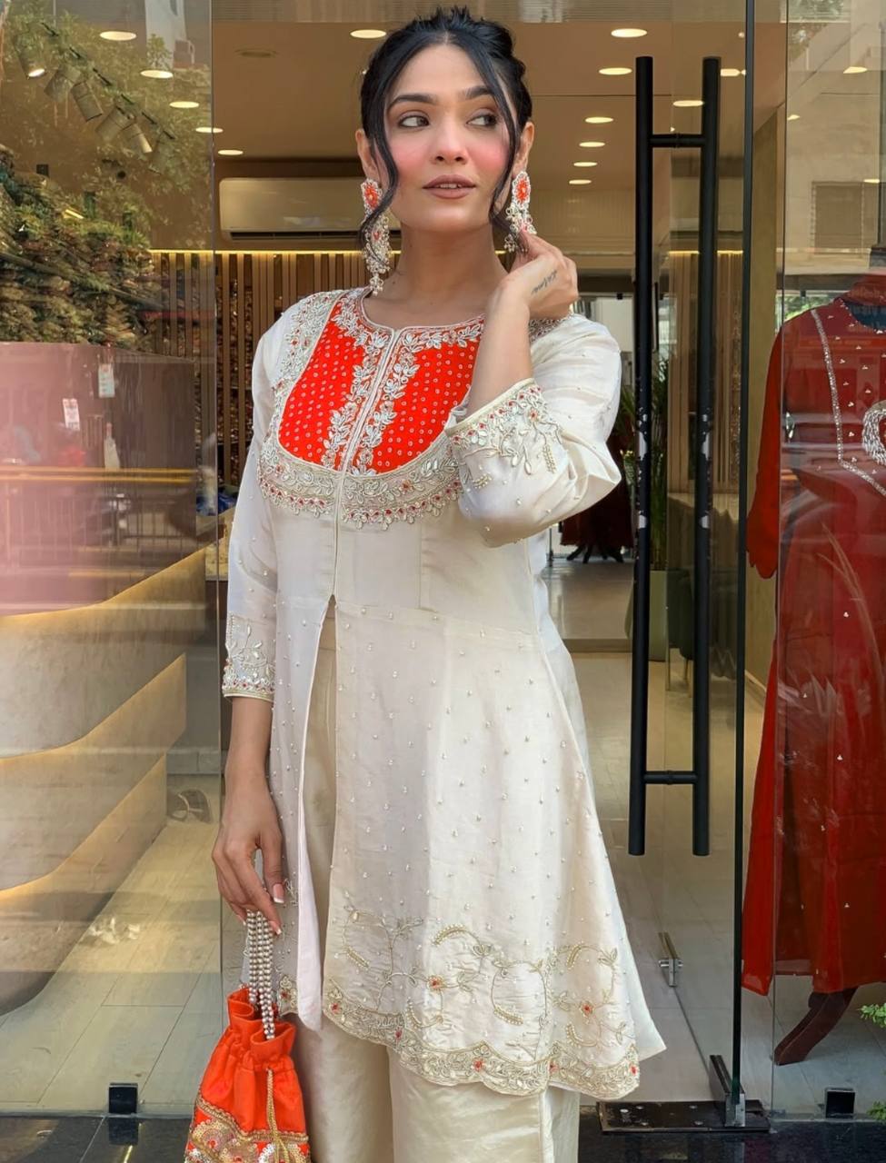 Cream Premium Roman Shimmer Silk Embroidery Suit Orange Yoke