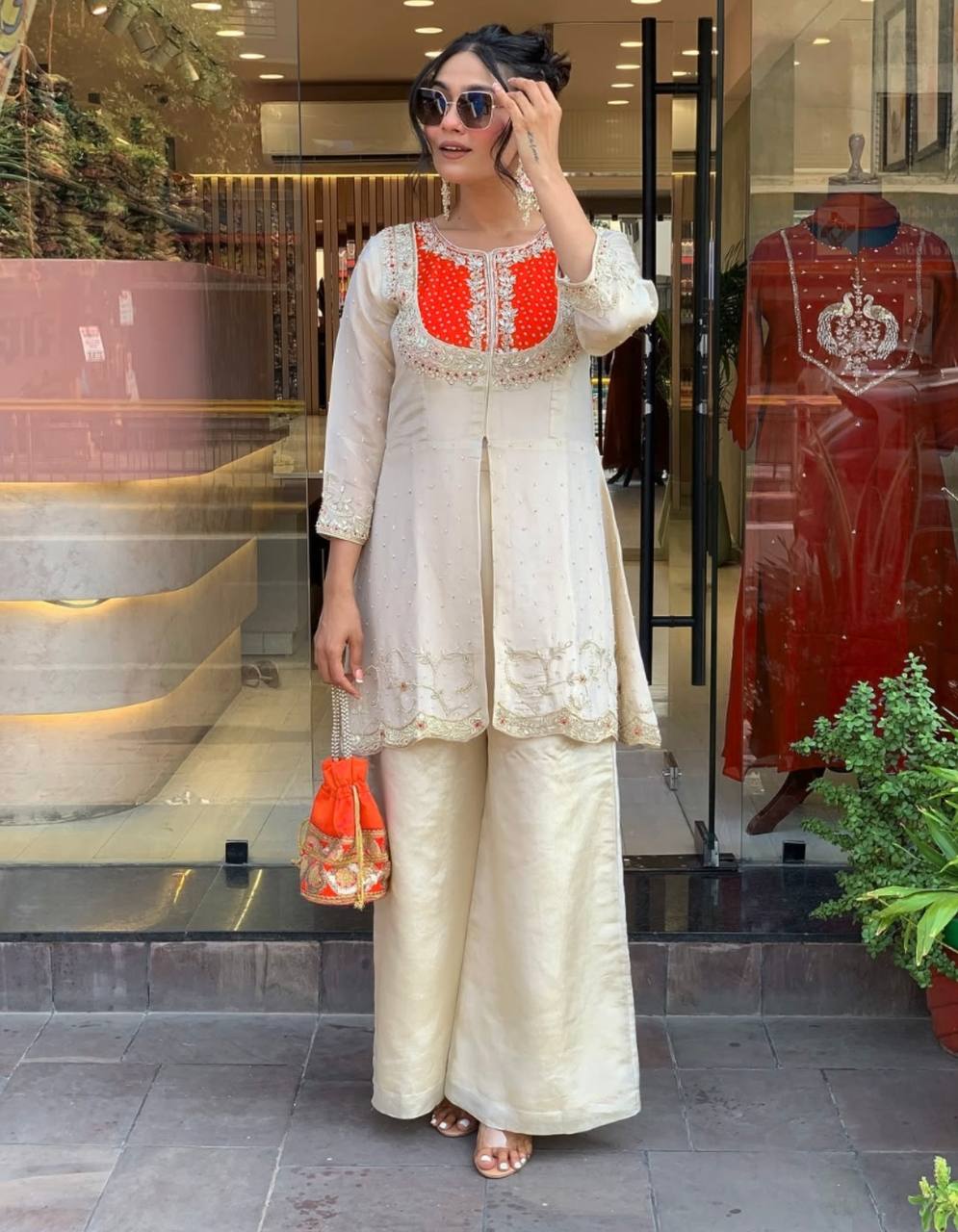 Cream Premium Roman Shimmer Silk Embroidery Suit Orange Yoke