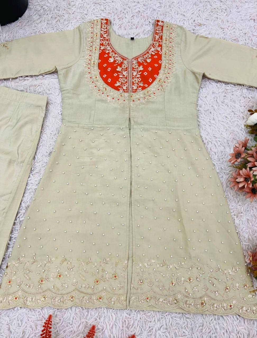 Cream Premium Roman Shimmer Silk Embroidery Suit Orange Yoke
