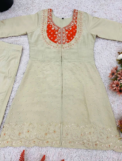 Cream Premium Roman Shimmer Silk Embroidery Suit Orange Yoke