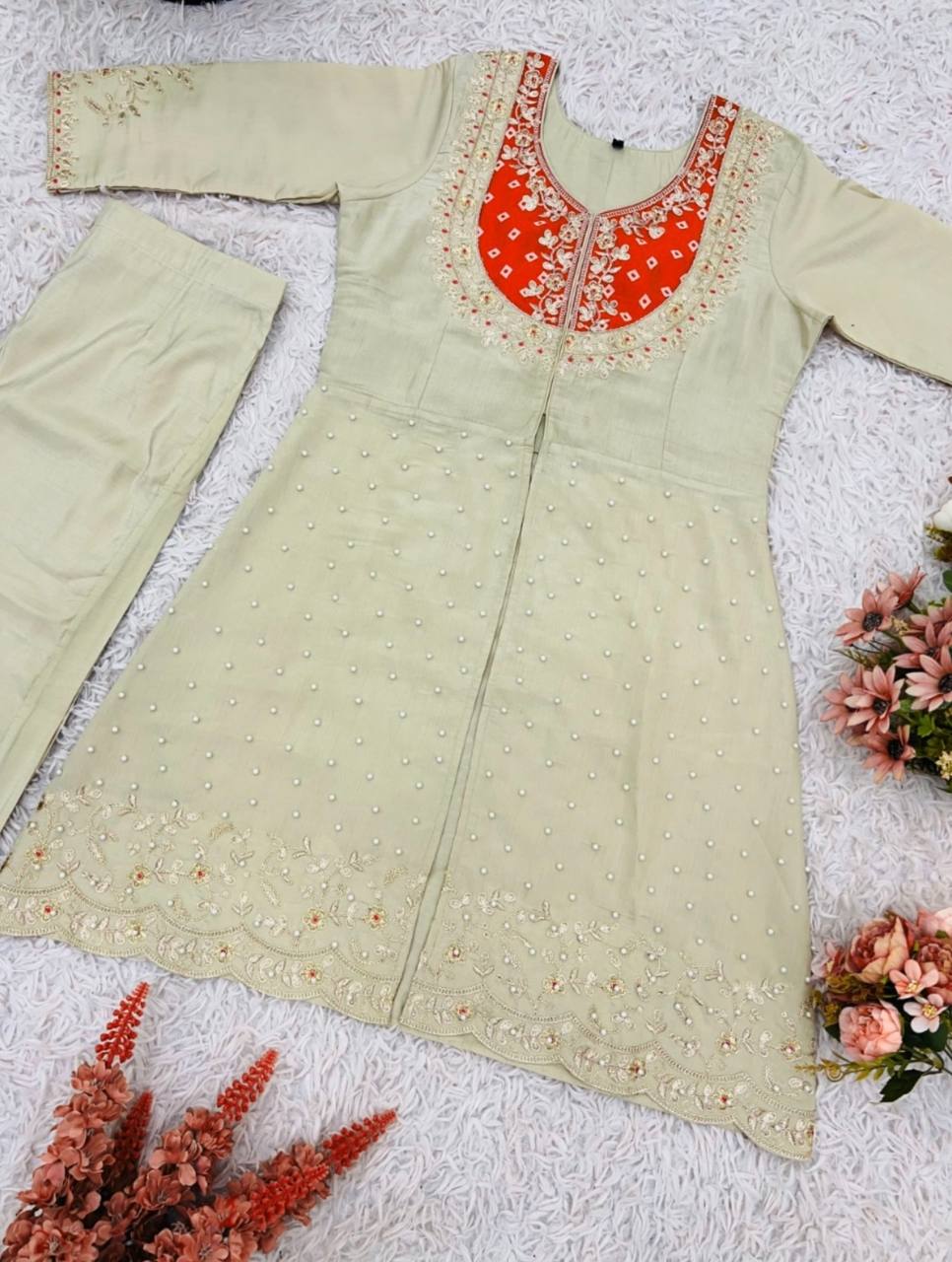 Cream Premium Roman Shimmer Silk Embroidery Suit Orange Yoke