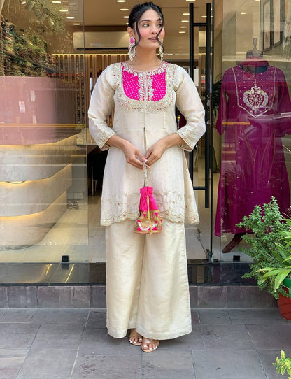 Cream Premium Roman Shimmer Silk Embroidery Suit Pink Yoke