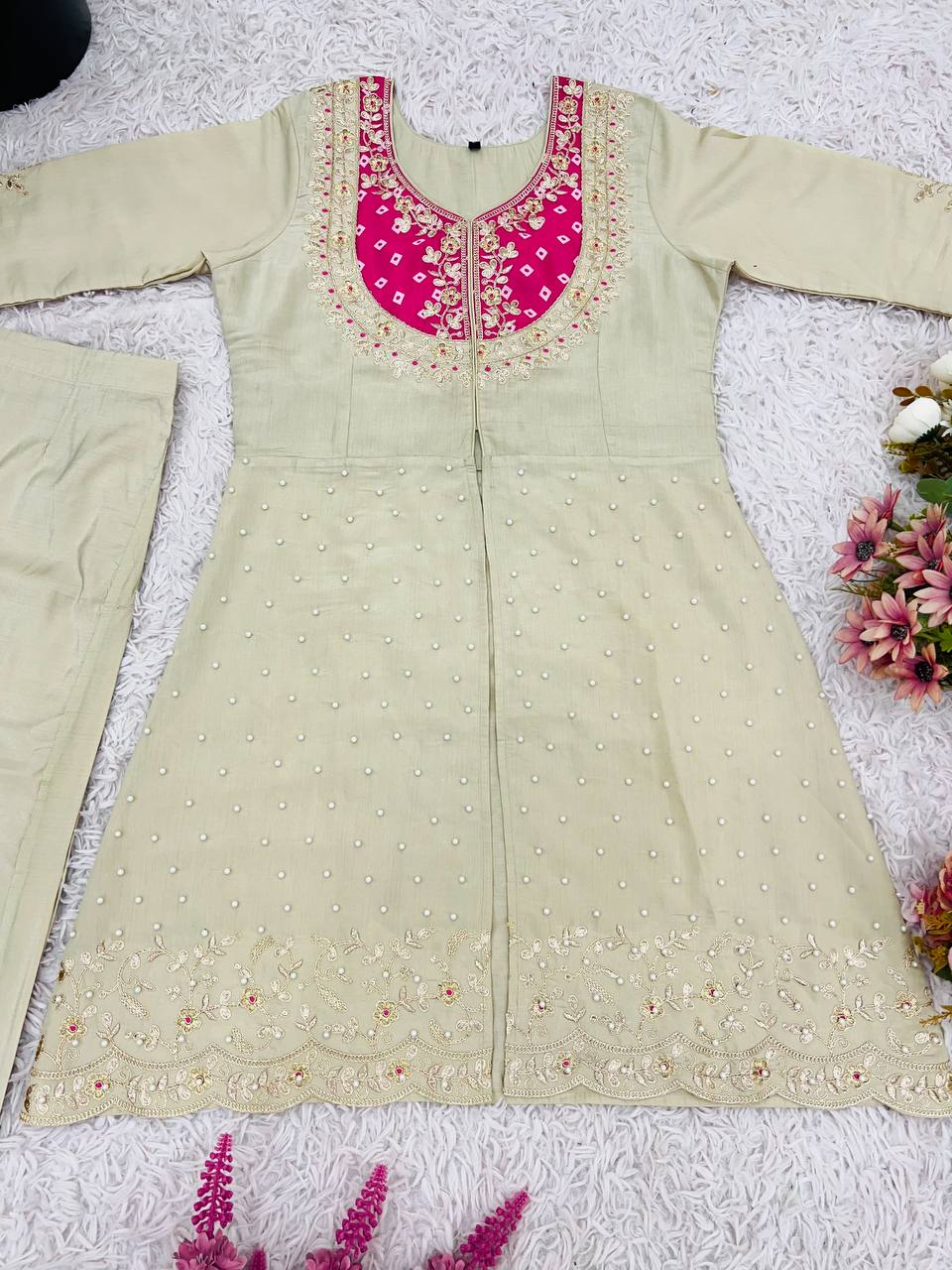 Cream Premium Roman Shimmer Silk Embroidery Suit Pink Yoke